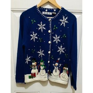 Vintage Blue Snowman Snowflake Ugly Christmas Cardigan Sweater Size Small
